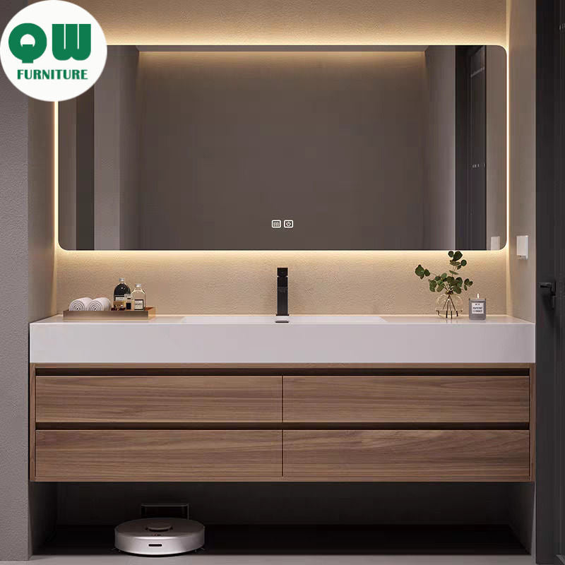 QW- Custom-made Real wood cabinet set with smart mirror and bathroom sink.