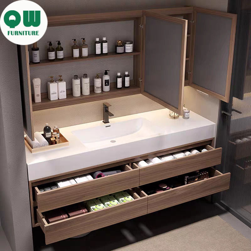 QW- Custom-made Real wood cabinet set with smart mirror and bathroom sink.