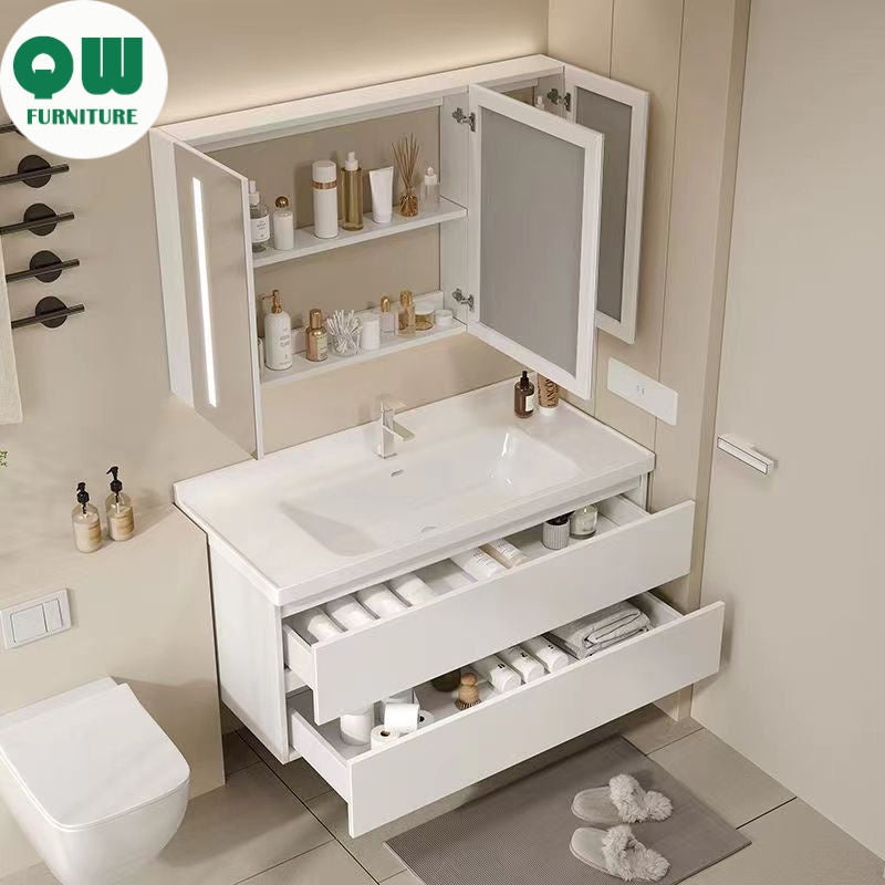 Kabinet Penyimpanan Kayu Asli Cermin Pintar QW- di Bilik Mandi, Set Singki Bilik Mandi 