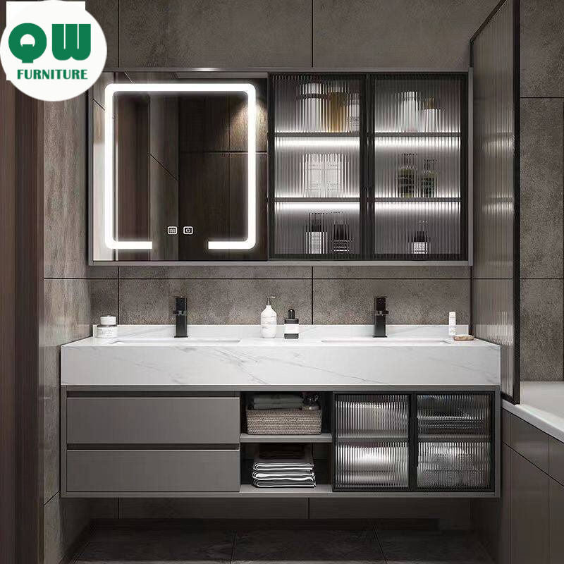 QW- Set Besen Besar dengan Cermin Pintar dan Kabinet Penyimpanan Kayu Asli untuk Bilik Mandi 