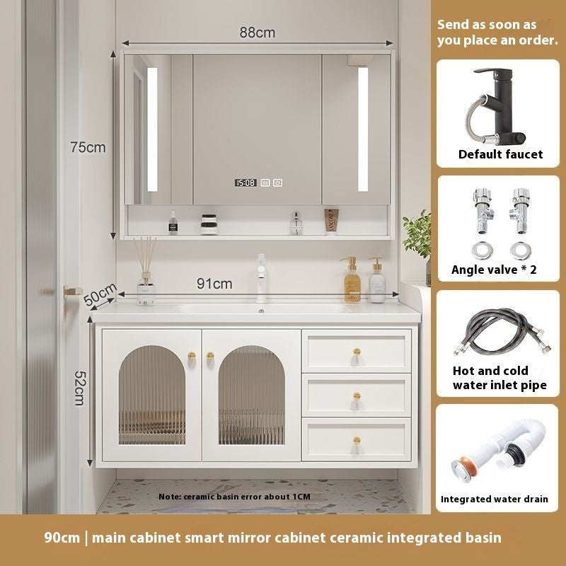 QW- Solid Wood Storage Smart Glass Cabinet Bathroom Ceramic Basin