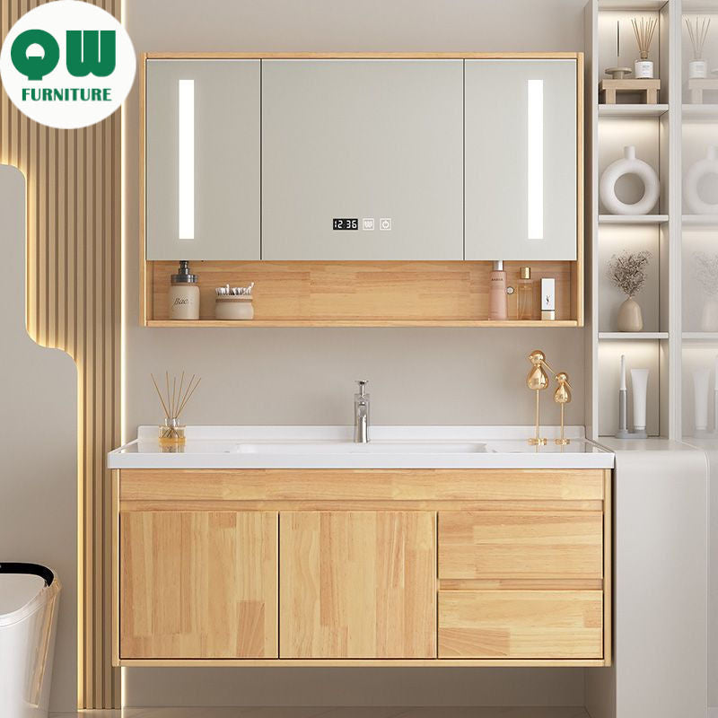 Set Singki Cermin Pintar Kabinet Penyimpanan Kayu Oak QW- di Bilik Mandi 