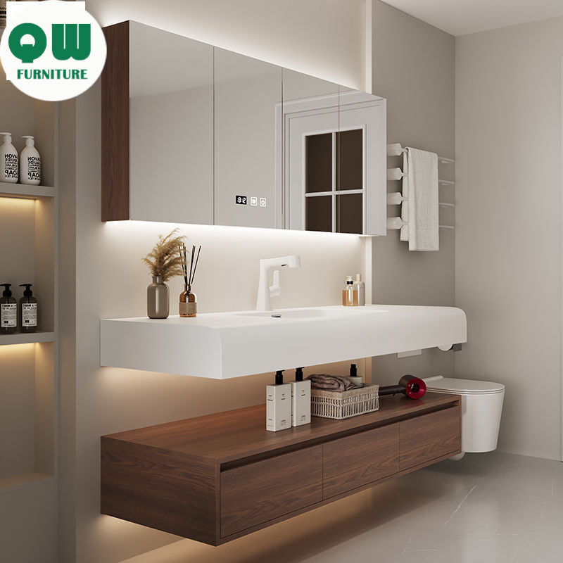 QW- Smart Mirror from Walnut Wood with Integrated Washbasin and Bathroom Storage Cabinet