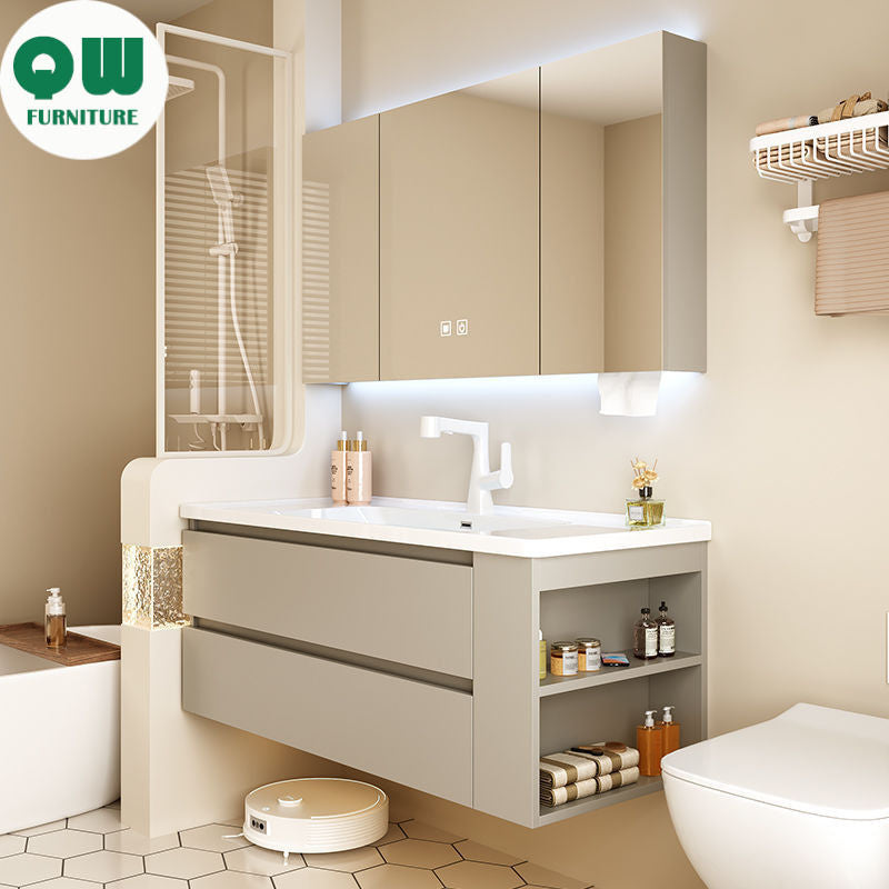 QW- Gray Solid Wood Storage Smart Mirror Cabinet Bathroom Ceramic Basin