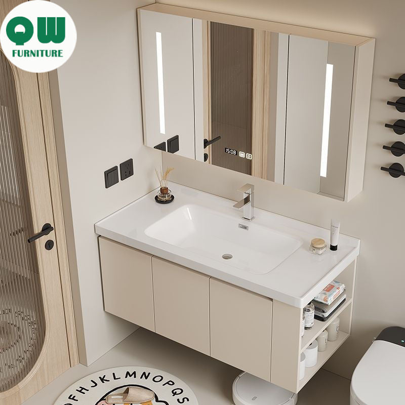 QW- Set kabinet kayu asli dengan cermin pintar dan sinki bilik mandi. 