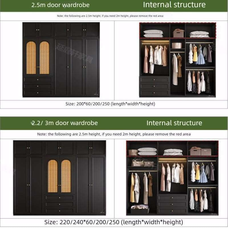 Black Real Wood Wardrobe with Rattan Doors for Home Bedroom small apartment American and French styles