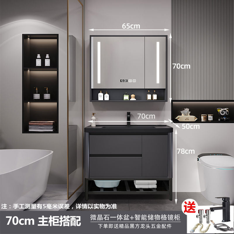 QW- Bathroom storage with smart mirror and black glass cabinet made of real wood.