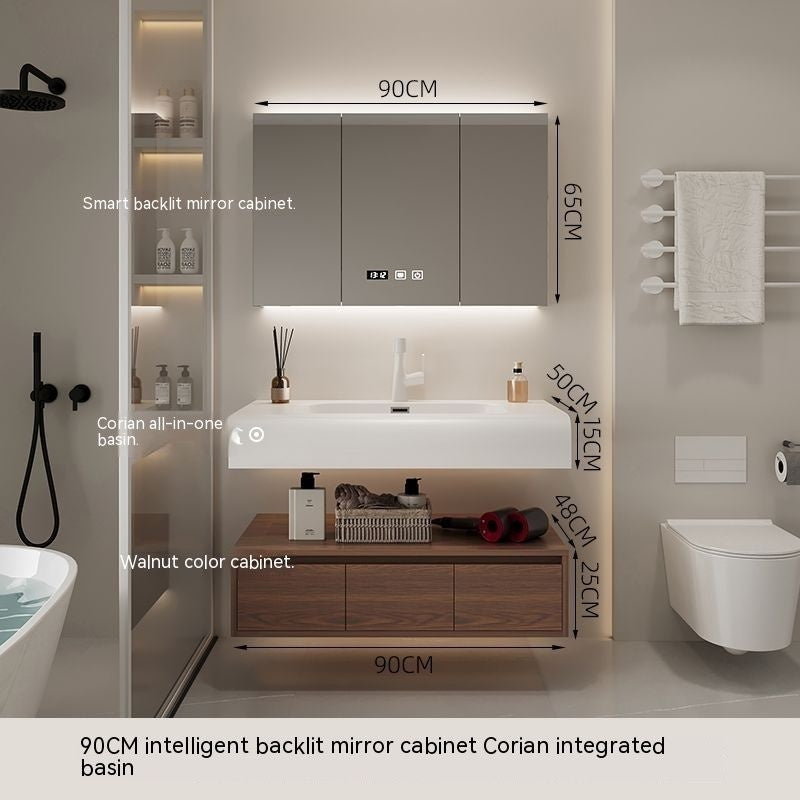 QW- Cermin Pintar daripada Kayu Walnut dengan Singki Bersepadu dan Kabinet Penyimpanan Bilik Mandi 