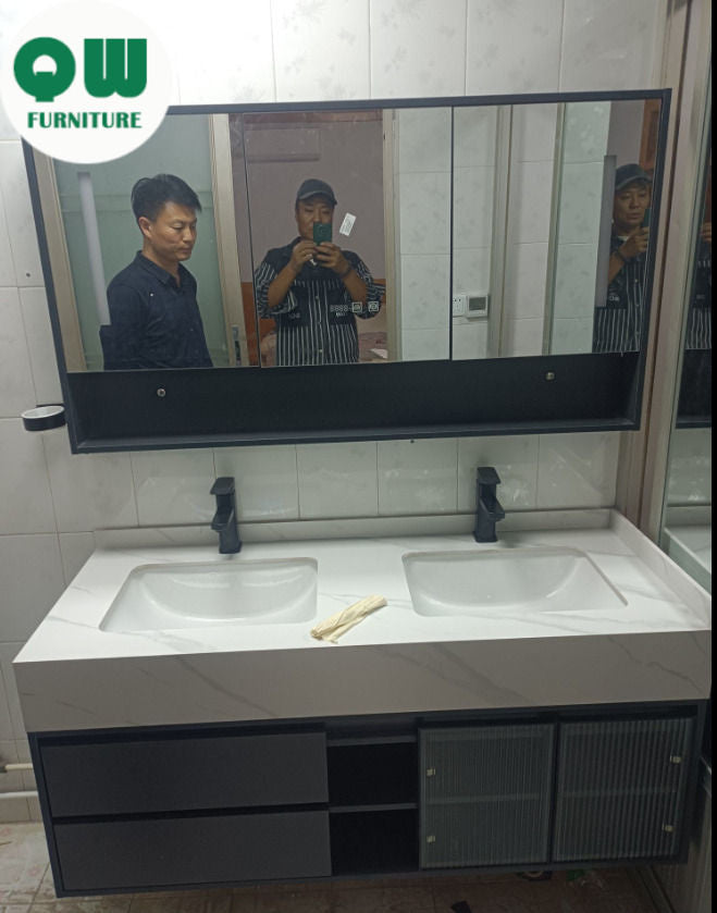 QW- Set Besen Besar dengan Cermin Pintar dan Kabinet Penyimpanan Kayu Asli untuk Bilik Mandi 
