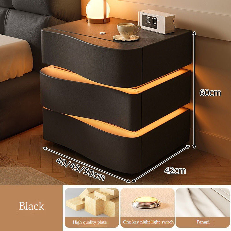 Cream Style Table, Home Bedside Storage Cabinet, Modern Solid Wood Bedroom, Smart Belt Light