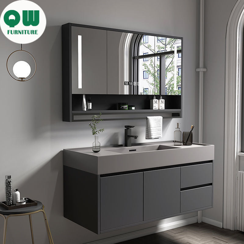QW- Solid Wood Storage Smart Mirror Cabinet for Bathroom, Bathroom Washbasin