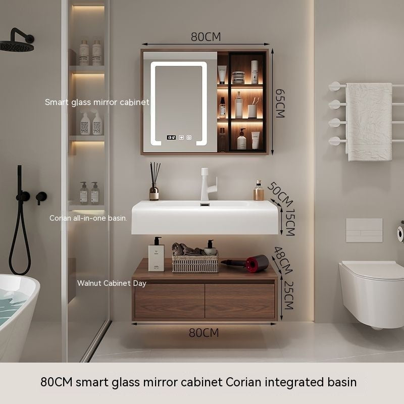 QW- Cermin Pintar daripada Kayu Walnut dengan Singki Bersepadu dan Kabinet Penyimpanan Bilik Mandi 