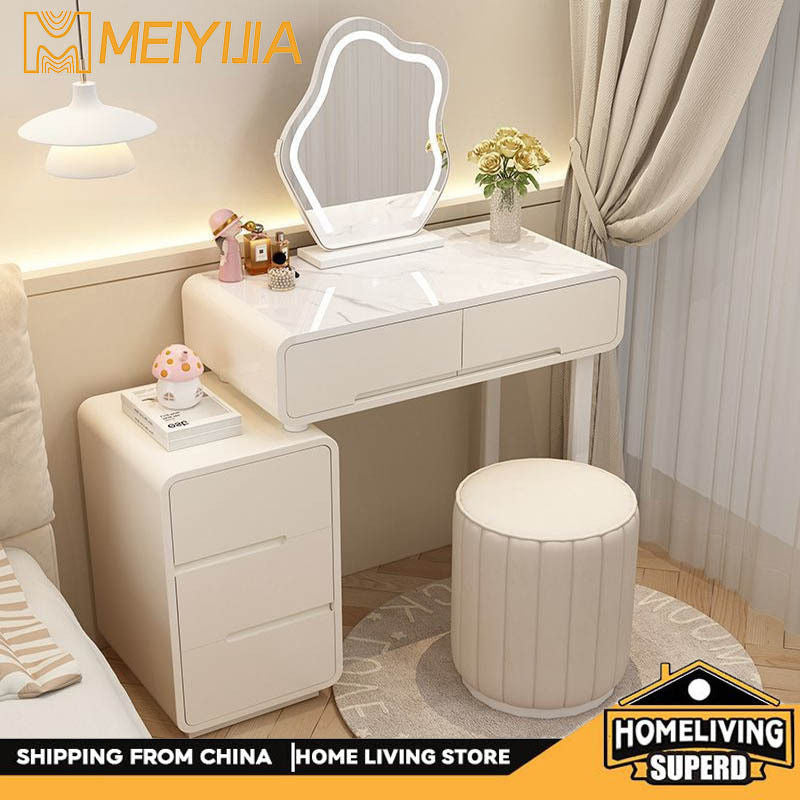 Meja Solek Angin Krim Kayu Padu Bilik Tidur Ringkas Moden Gaya Kecil dengan Kerusi Cermin Kabinet Pintar
