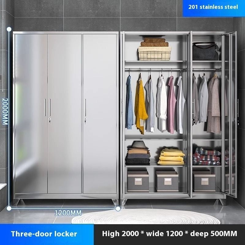 Stainless Steel Wardrobe Home Bedroom Sliding Door Hanging Closet High Capacity Storage Cabinet Balcony All In One Locker