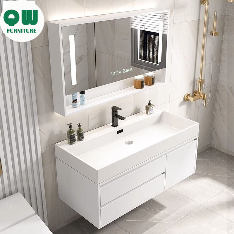 QW- White Sink Smart Glass Cabinet, Real Wood Bathroom Storage Cabinet