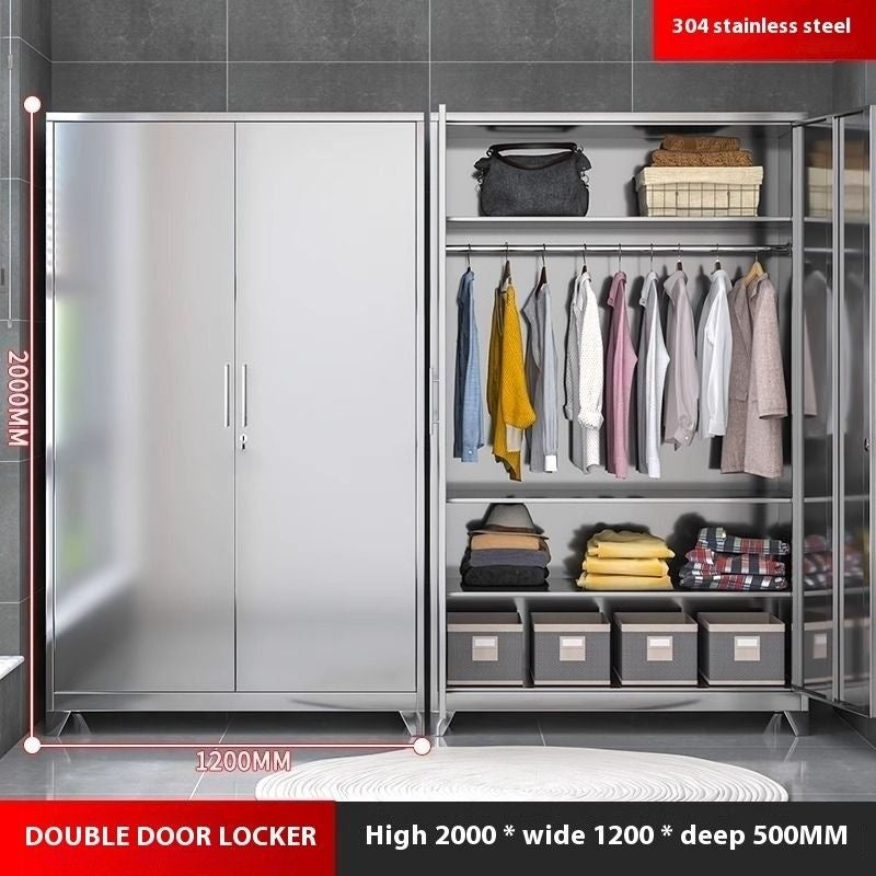 Stainless Steel Wardrobe Home Bedroom Sliding Door Hanging Closet High Capacity Storage Cabinet Balcony All In One Locker