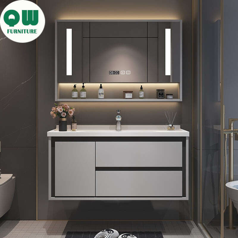 Kabinet Penyimpanan Kayu Oak QW- Set Singki Cermin Pintar di Bilik Mandi 