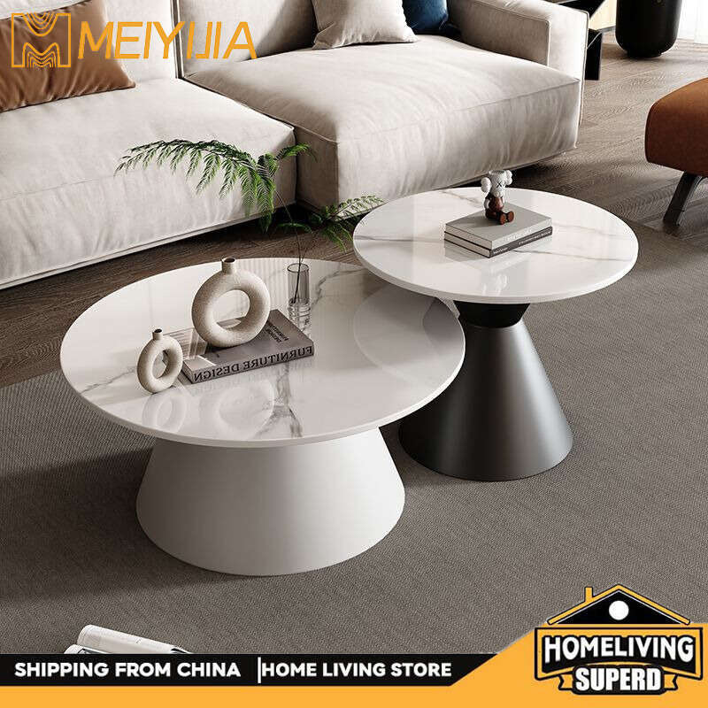 Meja Kopi Slate Sofa kopi yang ringan dan elegan untuk ruang tamu rumah, meja bulat kecil