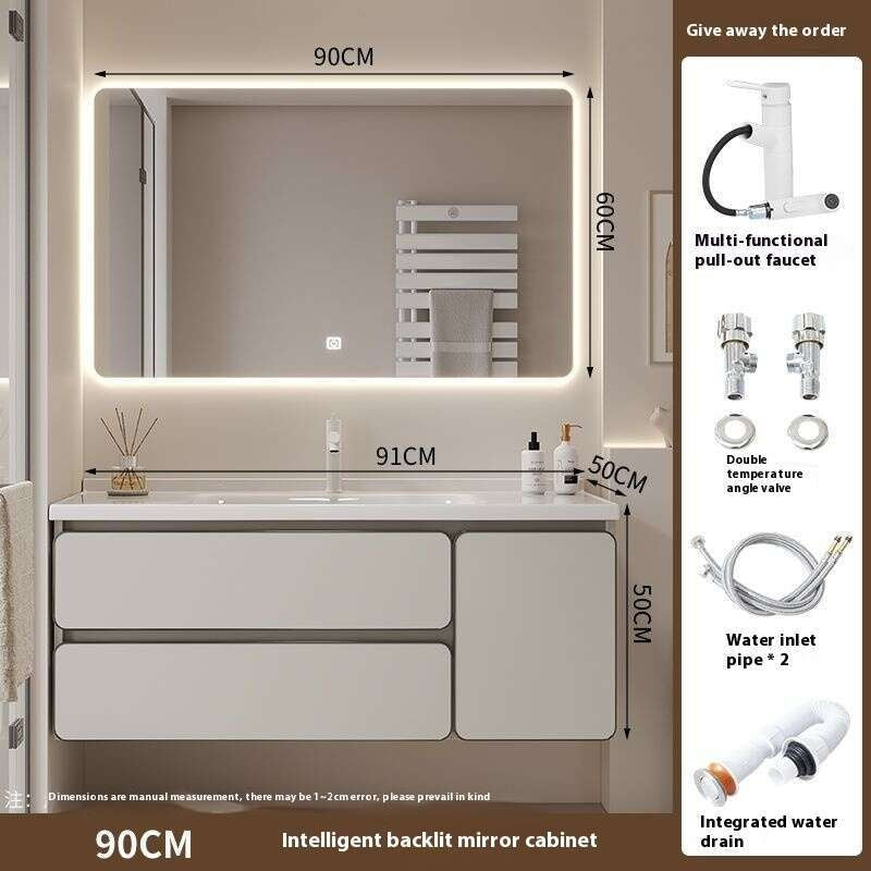 QW- Kabinet simpanan kayu asli cermin pintar di bilik mandi, sinki bilik mandi 