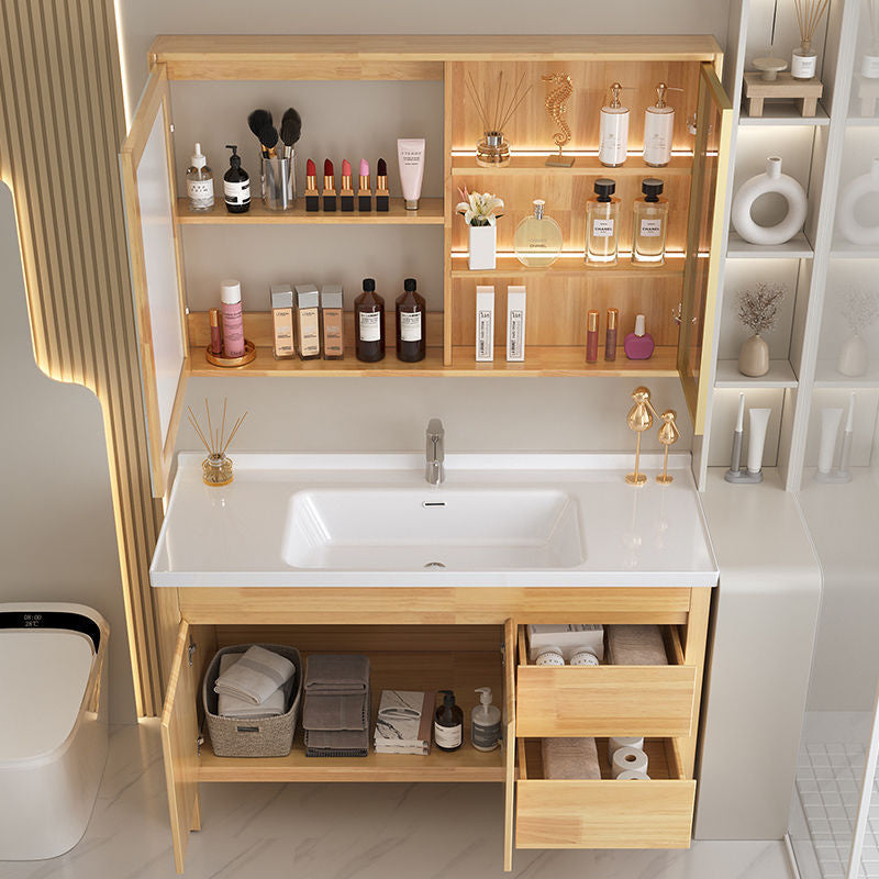Set Singki Cermin Pintar Kabinet Penyimpanan Kayu Oak QW- di Bilik Mandi 
