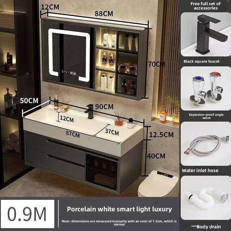Set Kabinet Penyimpanan Kayu Asli QW- Cermin Pintar di Sinki Bilik Mandi 