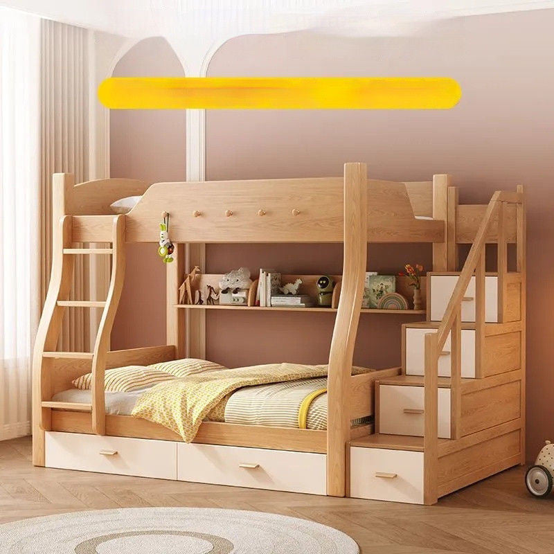Thickened Wooden Double Upper and Lower Beds, Children's Solid Wood Bed, Multi-purpose, High-low, Includes Parent Bed