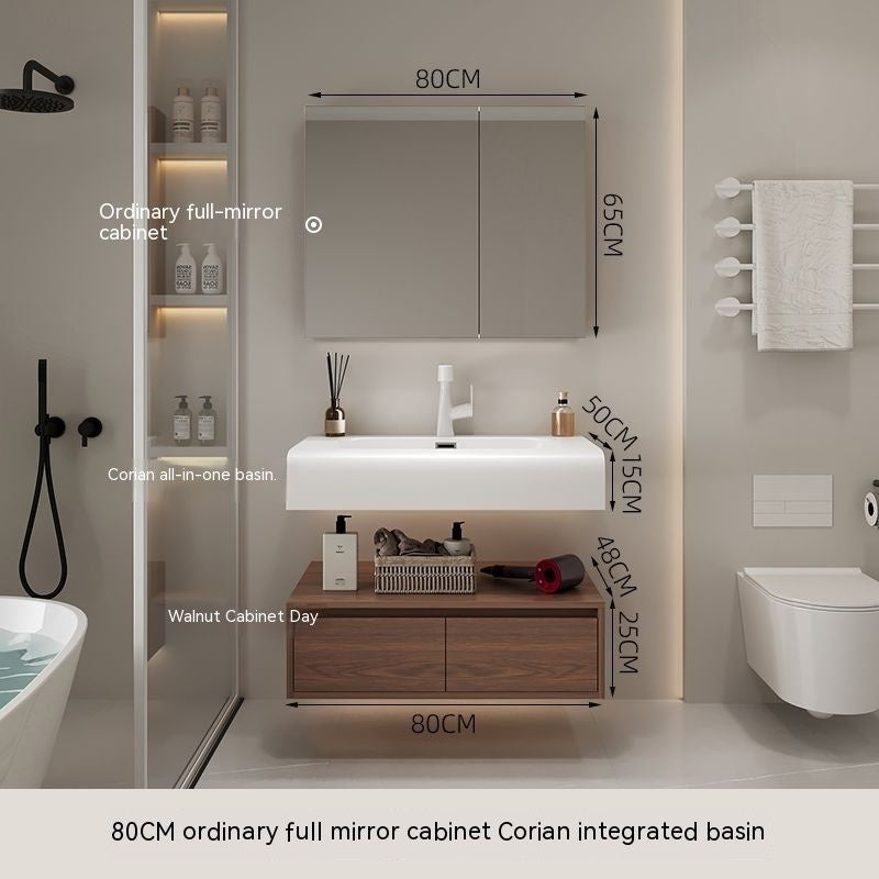 QW- Cermin Pintar daripada Kayu Walnut dengan Singki Bersepadu dan Kabinet Penyimpanan Bilik Mandi 