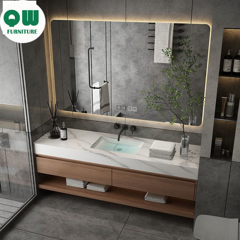 QW- Custom-made Bathroom storage made from real wood, bathroom sink set, and smart mirror cabinet in the bathroom.