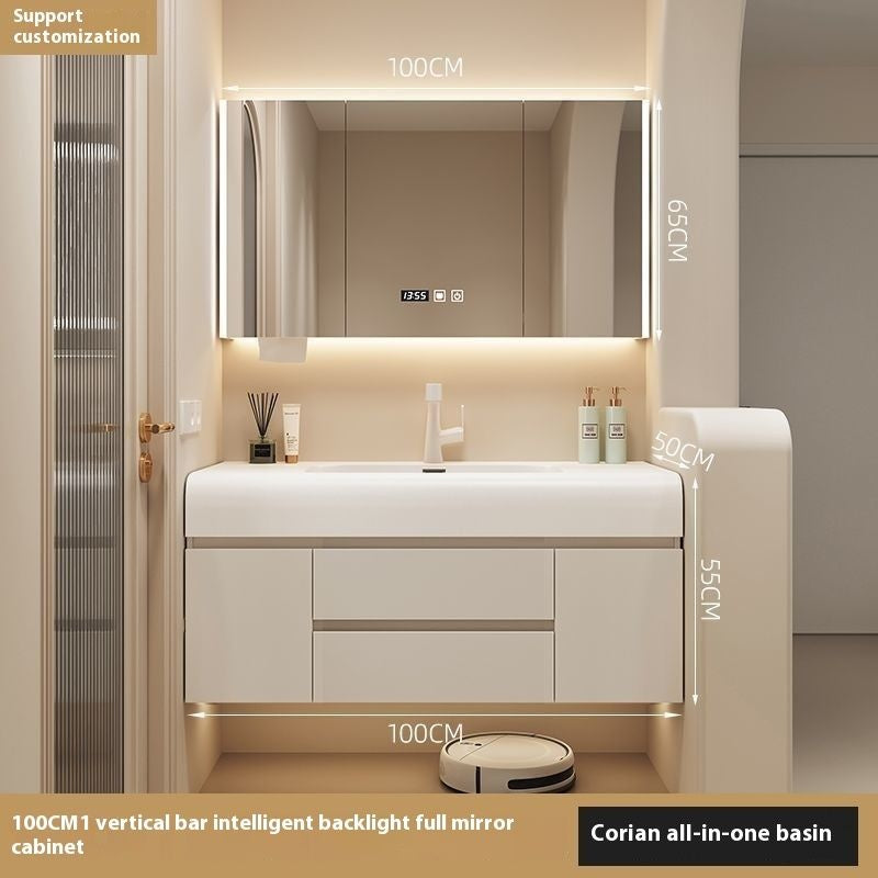 QW- Cream Color Storage Smart Glass Cabinet Bathroom Stone Basin