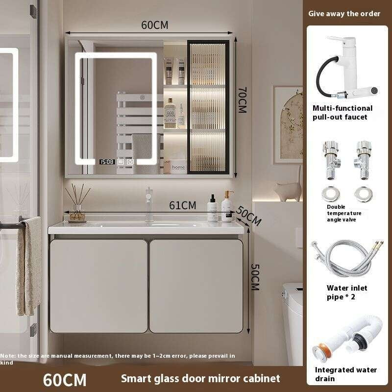 QW- Kabinet simpanan kayu asli cermin pintar di bilik mandi, sinki bilik mandi 