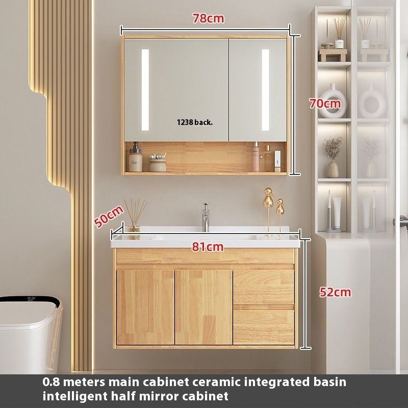 Set Singki Cermin Pintar Kabinet Penyimpanan Kayu Oak QW- di Bilik Mandi 