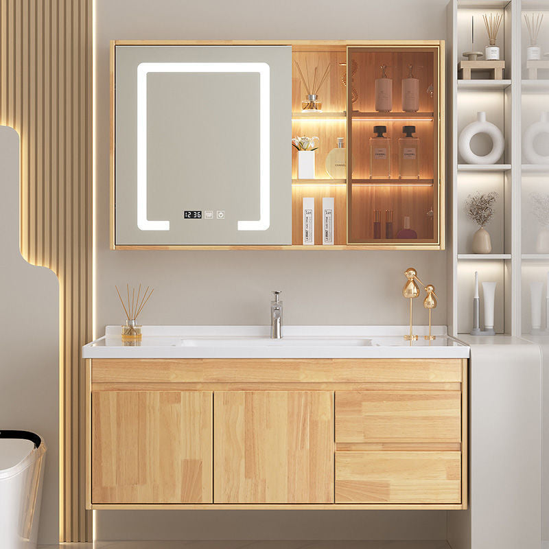 Set Singki Cermin Pintar Kabinet Penyimpanan Kayu Oak QW- di Bilik Mandi 