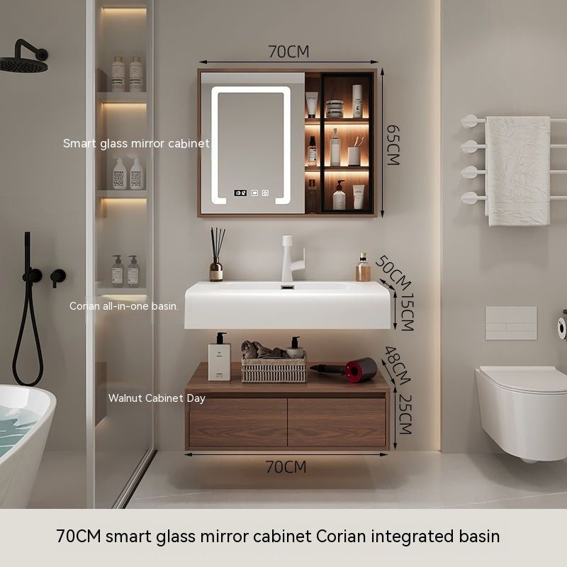 QW- Cermin Pintar daripada Kayu Walnut dengan Singki Bersepadu dan Kabinet Penyimpanan Bilik Mandi 