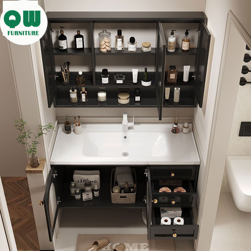 QW- Sink Smart Bathroom Mirror Cabinet Storage cabinet made of real wood in the bathroom