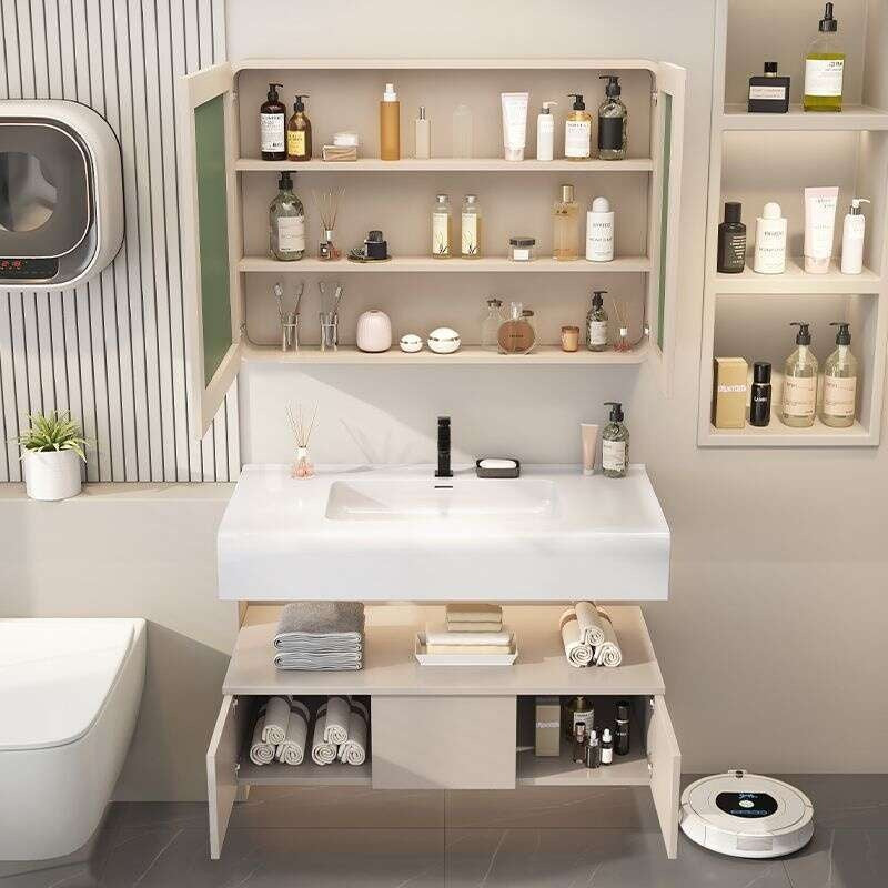 QW- Kabinet simpanan kayu asli cermin pintar di bilik mandi, sinki bilik mandi 
