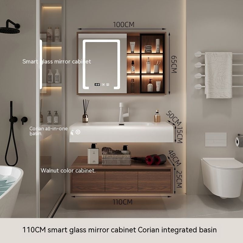 QW- Cermin Pintar daripada Kayu Walnut dengan Singki Bersepadu dan Kabinet Penyimpanan Bilik Mandi 