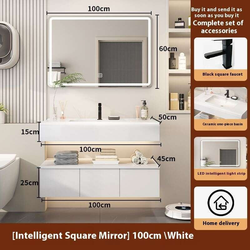QW- Kabinet simpanan kayu asli cermin pintar di bilik mandi, sinki bilik mandi 