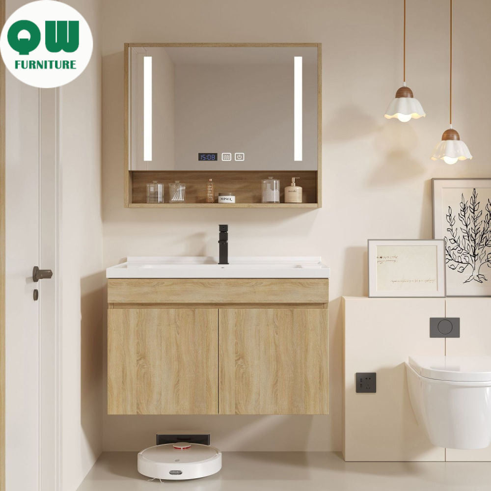 QW- Solid Wood Storage Smart Glass Cabinet, Bathroom Basin, Can Install Water Heater