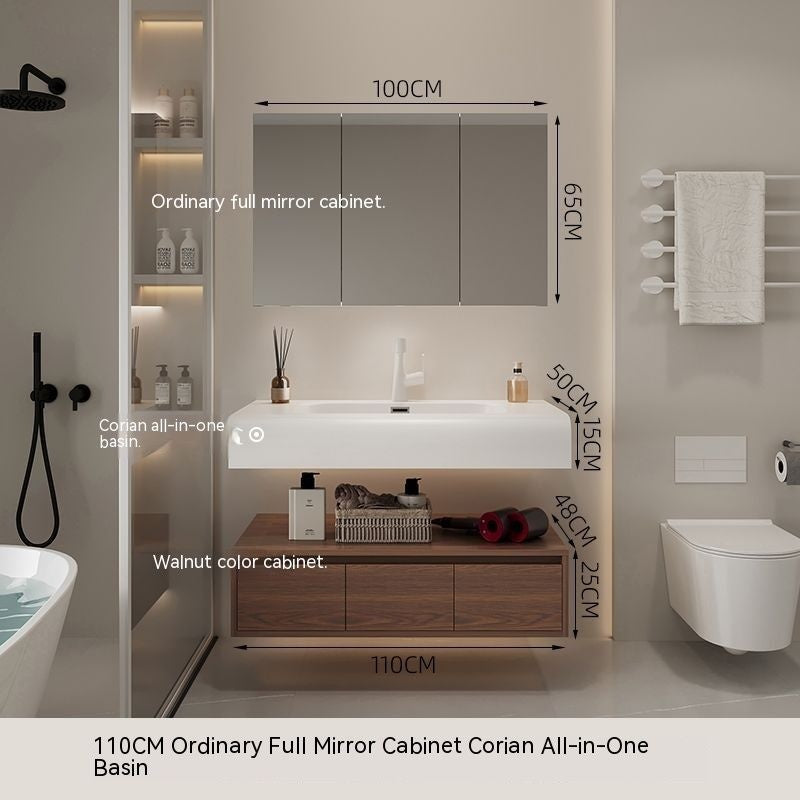 QW- Cermin Pintar daripada Kayu Walnut dengan Singki Bersepadu dan Kabinet Penyimpanan Bilik Mandi 