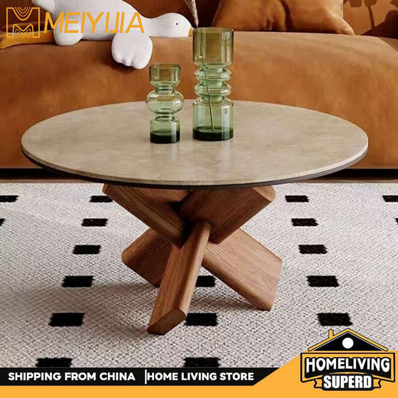 Meja kopi, papan batu, kayu padu, dowel bulat dan asas abu putih, ruang tamu, meja kopi rumah.