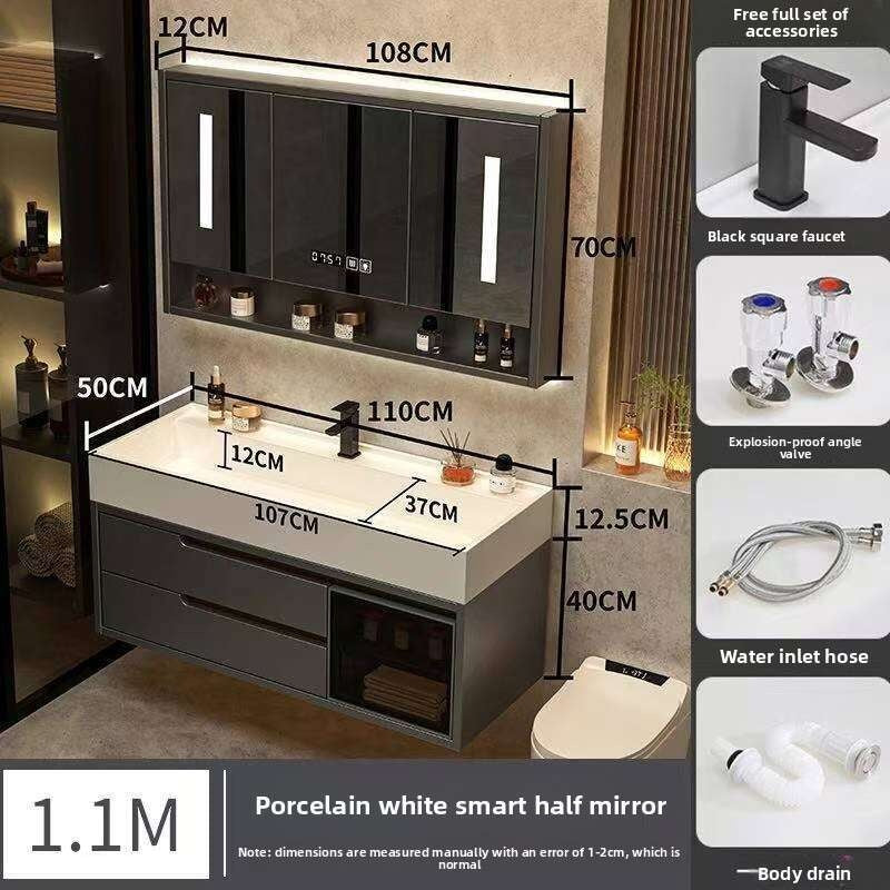 Set Kabinet Penyimpanan Kayu Asli QW- Cermin Pintar di Sinki Bilik Mandi 