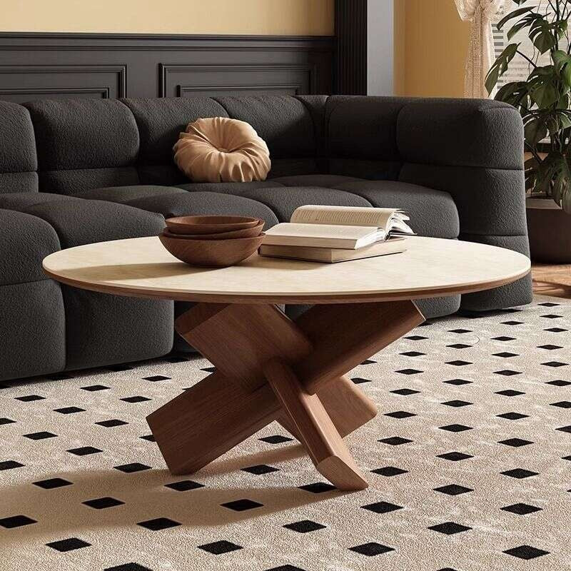 Meja kopi, papan batu, kayu padu, dowel bulat dan asas abu putih, ruang tamu, meja kopi rumah.