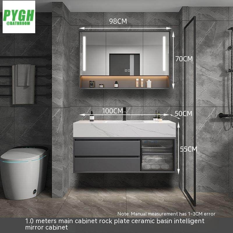QW- Set Besen Besar dengan Cermin Pintar dan Kabinet Penyimpanan Kayu Asli untuk Bilik Mandi 