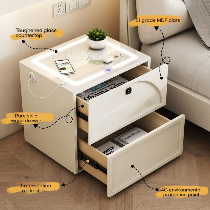 Meja Sisi Katil Smart Cream Wind dengan Kunci Kayu Padu Kabinet Serbaguna Bilik Tidur Moden Ringkas