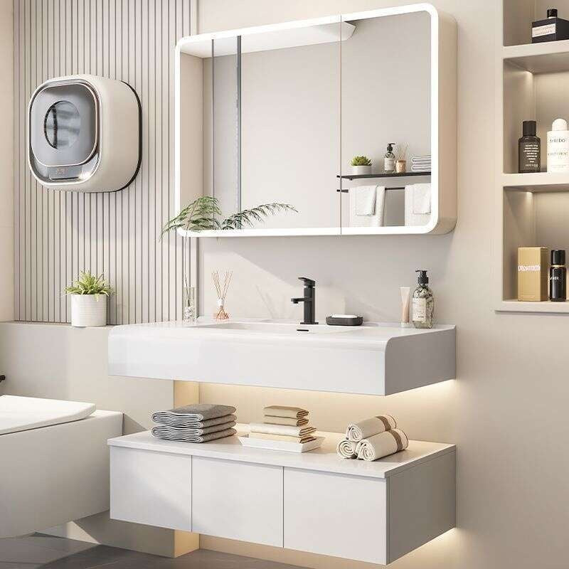 QW- Kabinet simpanan kayu asli cermin pintar di bilik mandi, sinki bilik mandi 