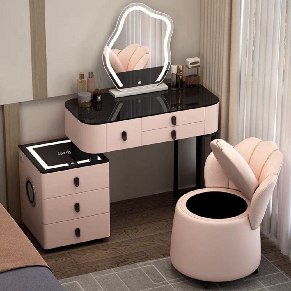 Kabinet Solek Kayu Asli Pintar, Pengecasan Tanpa Wayar, Gaya Nordik Elegan untuk Bilik Tidur Meja solek moden yang ringkas Boleh berfungsi dalam pelbagai cara