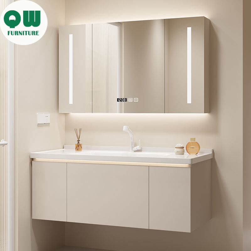 QW- Storan bilik mandi diperbuat daripada kayu asli, kabinet cermin pintar di bilik mandi, sinki bilik mandi 