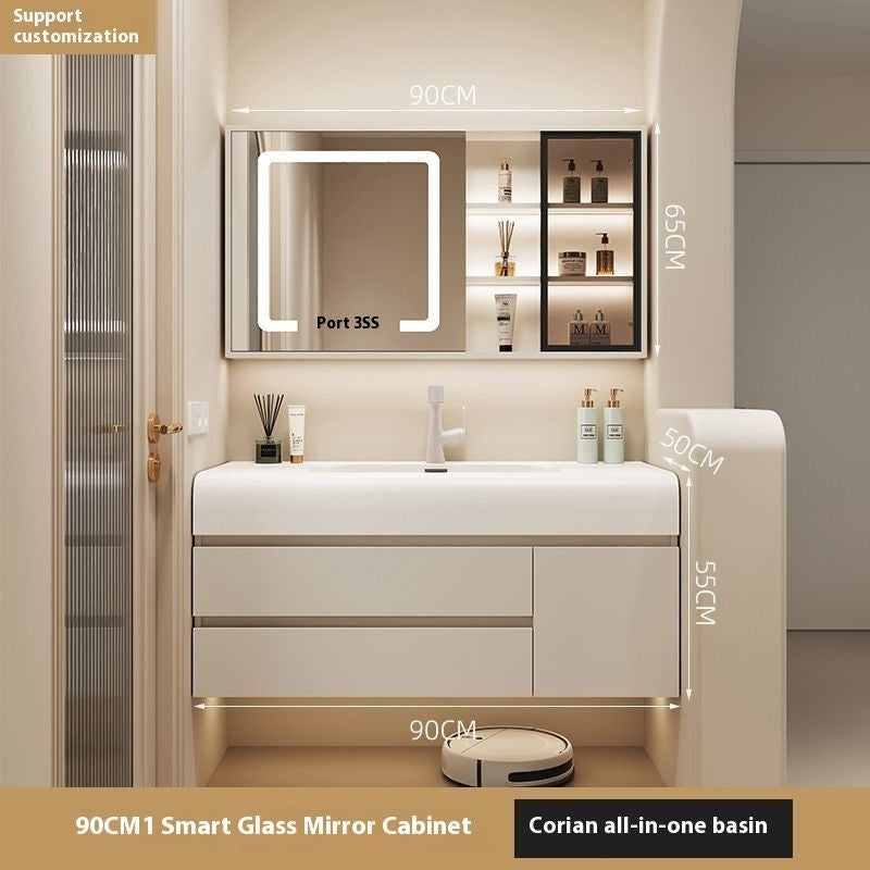 QW- Cream Color Storage Smart Glass Cabinet Bathroom Stone Basin