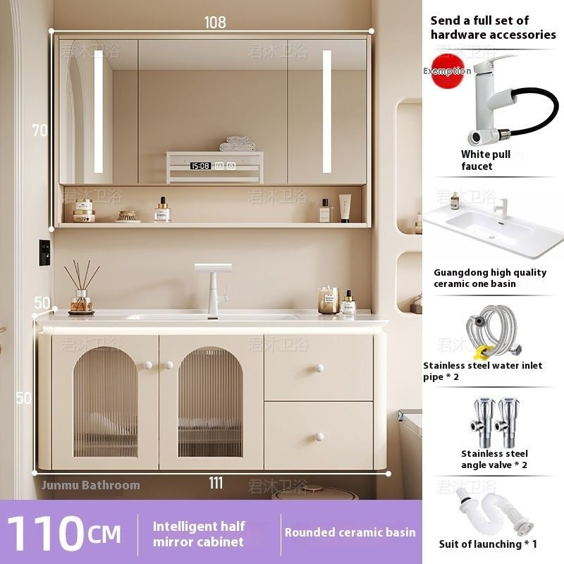 QW- Cream Color Storage Smart Mirror Cabinet Bathroom Sink Set