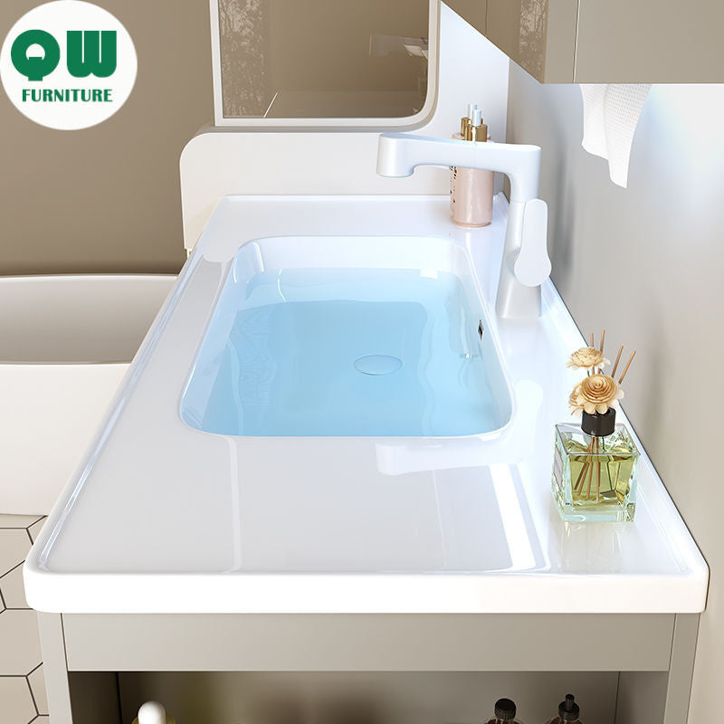 QW- Gray Solid Wood Storage Smart Mirror Cabinet Bathroom Ceramic Basin